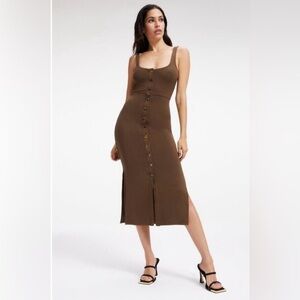Good American Jersey Button-Front Midi Dress Sleeveless Stretch Brown size 1